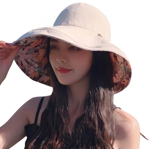 Women Bohemian Reversible Sun Hat Wide Brim Fishing Hats - color: Beige Floral