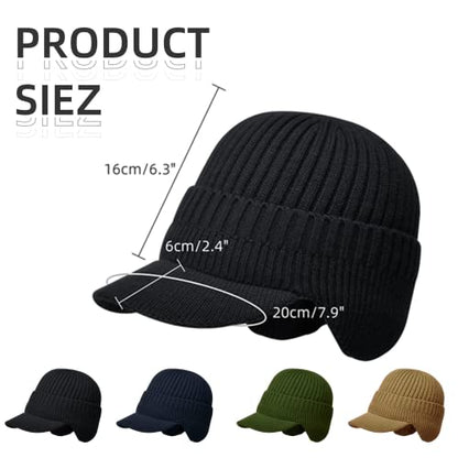 Men's Winter Hat with Brim, Warm Earflaps Hat for Men, Thick Fleece Lined Knit Winter Beanie Outdoor - color: Black