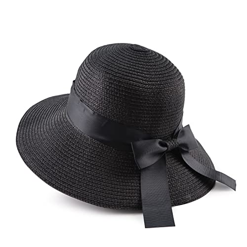 Zsedrut Women,Little Girls Straw Sun Hat Summer Beach Cap Foldable Visor Floppy Hats Wide Brim with Bowknot - color: Black, size: One Size