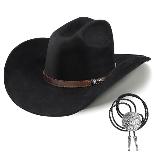 Western Cowboy Hat for Men Women,Shapeable Wide Brim Felt Fedora Classic Cowgirl Hats for Cowboys and Cowgirls,with bolo tie - color: Black-d, size: Medium-Large