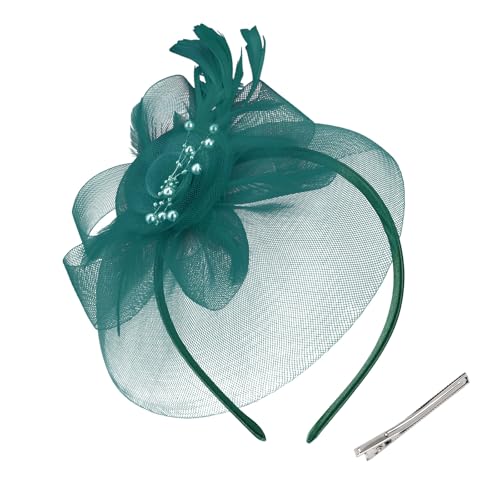 Womens Fascinators Mesh Hats Tea Party Hats for Women Feather Veil Headband - color: Green