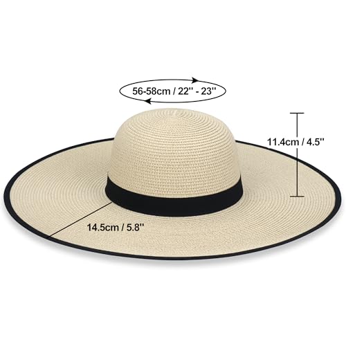 Women Wide Brim Sun Hat UPF50 Straw Summer Hat Floppy Beach Hat Roll-Up - color: Beige