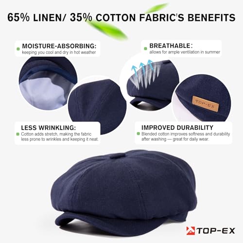 Oversized XL XXL Natural Linen Flat Cap Lightweight 8 Panel Summer Cooling Eco-Friendly Newsboy Hat Golf Outdoor - color: Navy Herringbone, size: Medium-Large