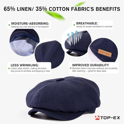 Oversized XL XXL Natural Linen Flat Cap Lightweight 8 Panel Summer Cooling Eco-Friendly Newsboy Hat Golf Outdoor - color: Navy Herringbone, size: Large-X-Large