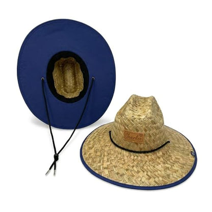 Women's Wide Brim Straw Sun Hat for Beach, Lifeguard Style, Hand-Woven Rush & Mat, Adjustable Chin Drawstring - color: The Jojo