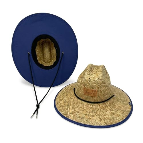 Women's Wide Brim Straw Sun Hat for Beach, Lifeguard Style, Hand-Woven Rush & Mat, Adjustable Chin Drawstring - color: The Jojo