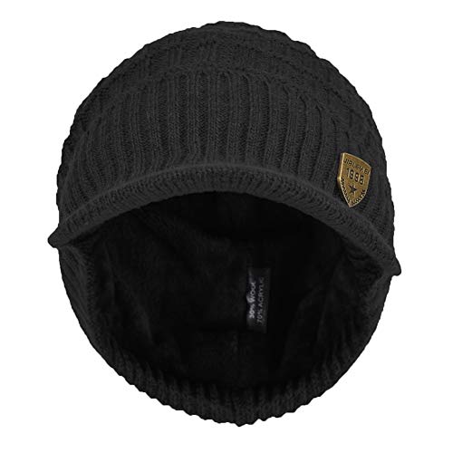 Women's Soft Knitting Visor Beanie Winter Hat with Brim Fleece Lining Baseball Cap - color: Black