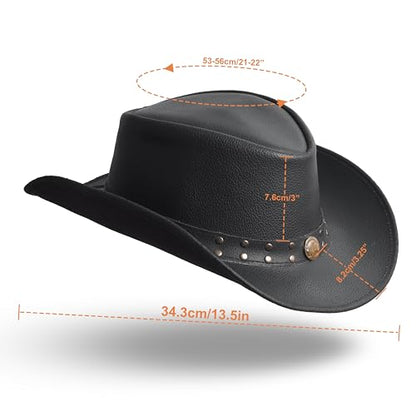 Unisex Leather Cowboy Hat Lightweight Handcrafted Western Shapeable Wide Brim | Western Hats for Men Black - color: Milled Black, size: Medium