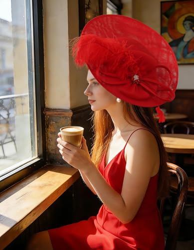 Unpifolov Fascinators Hats Elegant Women Flower Mesh Feathers Wedding Cocktail Bride Headband for Derby Hat Tea Party - color: Red
