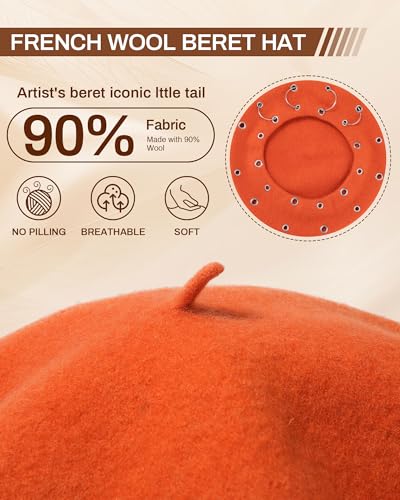 AWAYTR Punk Beret Hat for Women - 90% Wool Blend Goth Alt French Cap - color: Orange