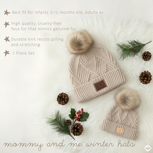 Funky Junque Mommy & Me Pom Pom Beanies Set – Infant Baby & Mom Matching Winter Outfits, Warm Newborn & Women's Beanie Hats - color: Diagonal Basketweave - Beige