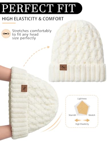 Winter Hats for Women Cable Knit Chunky Skull Cap Fleece Lined Thick Fold Cuff Beanie hat - color: White, style: Pineapple