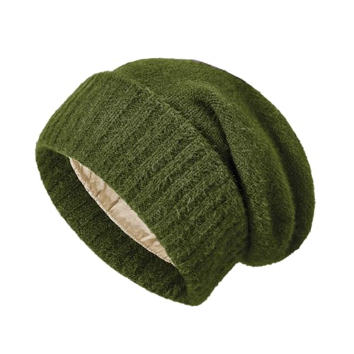 Satin Lined Slouchy Beanie Women-Winter Hats for Women Silk Lined Beanie for Winter Warm Cute Knit Hat - color: Olive Green