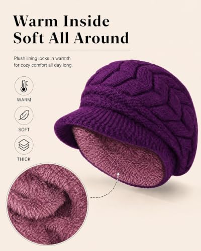YSense 2 Pack Womens Winter Hats Warm Knit Beanie with Visor - color: Navy Blue Purple
