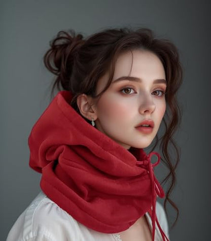Unisex Sporty Snood Hat with drawstring Hood Scarf Neck Warmer Winter Balaclava Hood - color: Barn Red