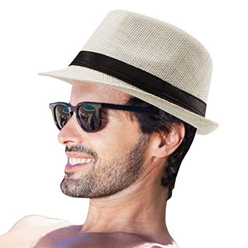 XL Straw Fedora Hats for Men Summer Trilby Beach Travel Panama Casual 7 1/2 - color: Milk White