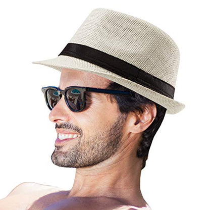 XL Straw Fedora Hats for Men Summer Trilby Beach Travel Panama Casual 7 1/2 - color: Milk White
