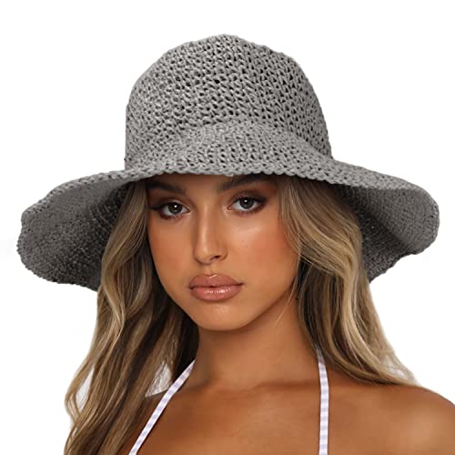 Womens Sun Hats Wide Brim Summer Beach Hat for Women Foldable Travel Straw Hat UPF50+ - color: A-gray