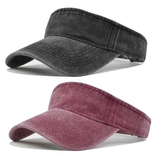 2pcs Vintage Sun Visor Hats for Women Men Cotton Adjustable Sports Empty Top Baseball Sun Caps - color: Black,wine Red