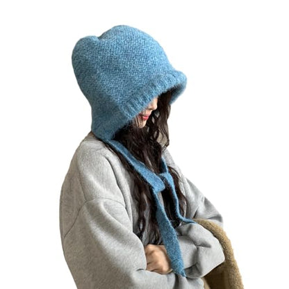 LumiSyne Winter Wool Knitted Hat Adjustable Drawstring Dual Purpose Earflap Hat and Knitted Bag Slouch Beanie Baggy Skull Cap - color: Blue