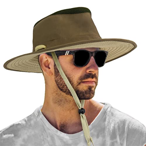 SUN CUBE Wide Brim Sun Hat for Men Women UPF 50+ UV Protection Safari Boonie Hat with Chin Strap, Pocket, Fishing Hiking Hat - color: Olive