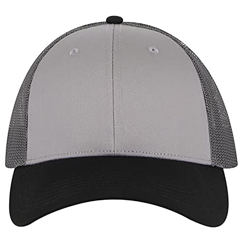 Ashen Fane 6 Panel Blend Twill Structured Low Profile Mesh Back Snapback Trucker Hat - color: Blk/Gry/Ch.gry