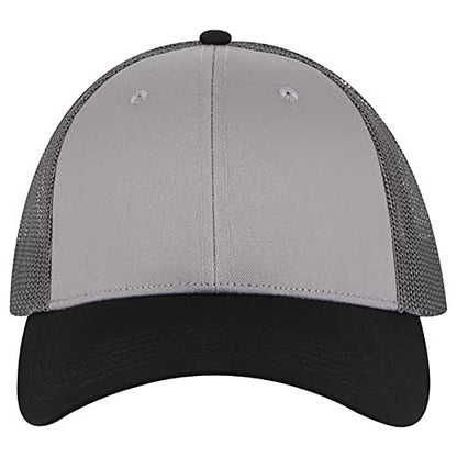Ashen Fane 6 Panel Blend Twill Structured Low Profile Mesh Back Snapback Trucker Hat - color: Blk/Gry/Ch.gry