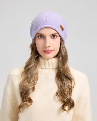 100% Merino Wool Slouchy Beanie Hat, Women Warm Winter Caps Soft, Ladies Breathable & Cozy Stretchy Knitted Skull Cap - color: Lavender Purple
