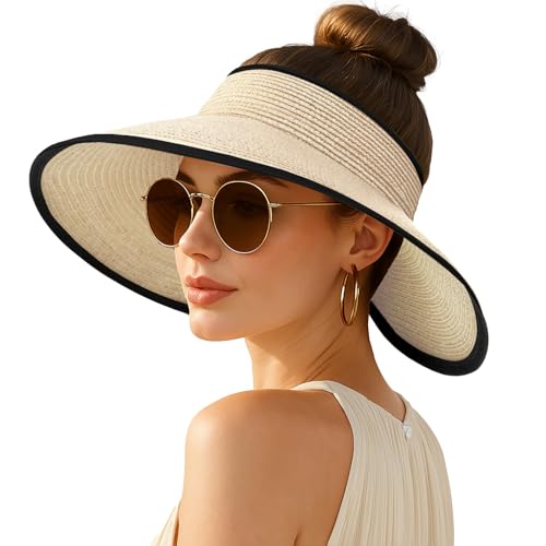 Women's Sun Visor Hats Wide Brim Straw Beach Hat Ponytail Hats for Women Foldable Floppy - color: 1pack-beigeblack