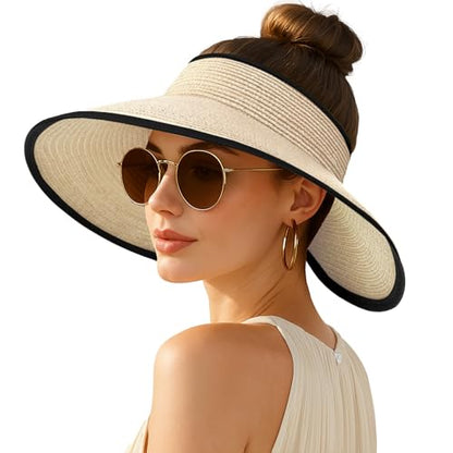 Women's Sun Visor Hats Wide Brim Straw Beach Hat Ponytail Hats for Women Foldable Floppy - color: 1pack-beige/Black