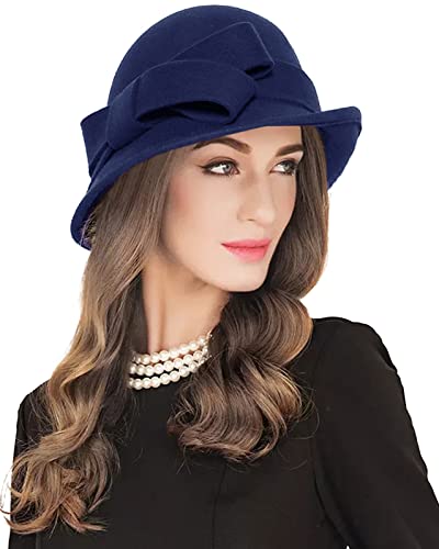 Z&X Women Winter Wool Felt Cloche Bucket Hat 1920s Vintage Gatsby Hat Elegant Bow Church Wedding Hat - color: 026 Navy Blue
