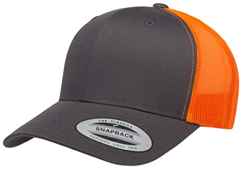 Yupoong Classic Mesh 6 Panel Retro Trucker Cap | Mid Profile Snapback - color: Charcoal/Neon Orange