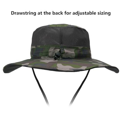 BASSDASH UPF 50+ Fishing Sun Hat Water Resistant Unisex Wide Brim Bucket Boonie Hat for Hiking Camping Safari FH15 - color: Army Green Camo, size: Medium