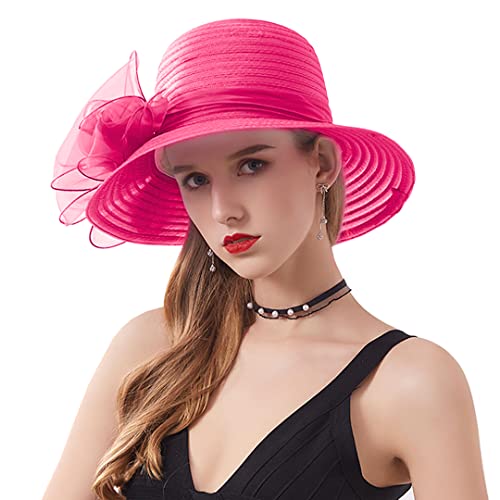 Haoohu Women's Church Derby Hat Wide Brim Bow Bucket Hat Wedding Dress Hat Fascinator Bridal Tea Party Hat - color: Rose Red
