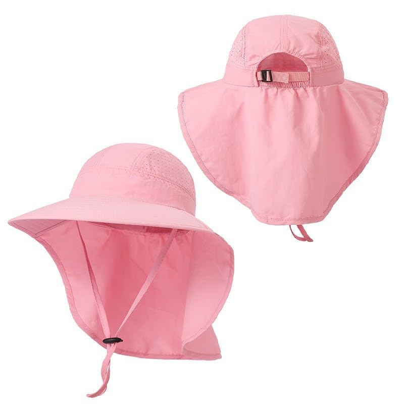 Ponytail Hole Kids Sun Hat with Neck Flap UV Protection Wide Brim Safari Hat for Boys Girls Breathable Mesh 6-12T - color: Pink