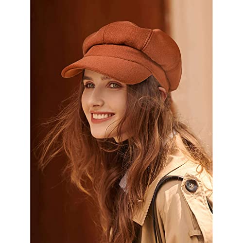 Women’s Newsboy Cap Wool Blend Retro Solid Color Girls Fashion Gatsby Cabbie Visor Beret Hat - color: Caramel