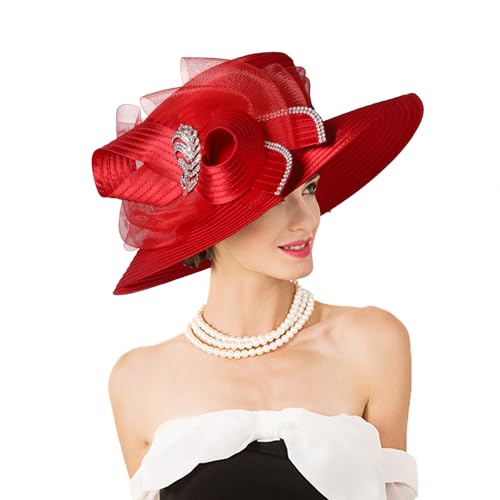 Women Derby Church Dress Fascinator Wide Brim Hats 1920s Vintage Tea Party Wedding Cloche Bowler Hats - color: Red