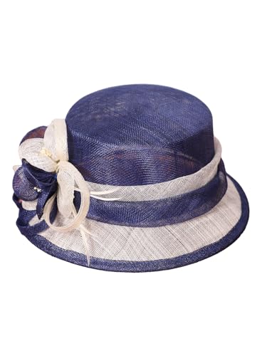 HIMESPORT Retro Sinamay Veil Flower Bride Wedding Fascinator Hat Feather Bowler Hat Hair Accessory Banquet Cocktail Party - color: Blue White