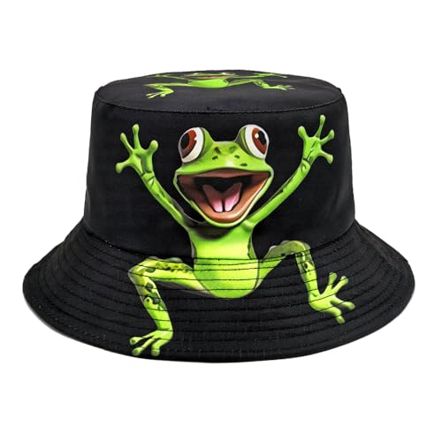 Printed Bucket Hat - Reversible Packable Summer Travel Beach Sun Cap for Men Women Teens - color: Cartoon Frog