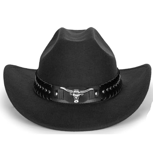 Felt Fedora Western Cowboy Hat for Women Men - color: Black-bull Rivet Band