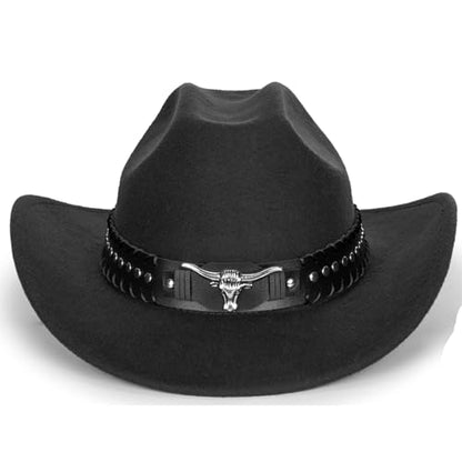 Felt Fedora Western Cowboy Hat for Women Men - color: Black-bull Rivet Band