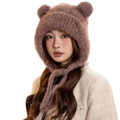 Women Winter Sherpa Beanie Hats Knit Ear Flap Hat Fleece Lined - color: Reddish Brown