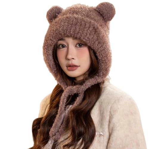 Women Winter Sherpa Beanie Hats Knit Ear Flap Hat Fleece Lined - color: Reddish Brown