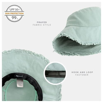 CHOK.LIDS Frayed Bucket Hat Washed Cotton Floppy Wide Brim Boonie Cap - color: Aquastone