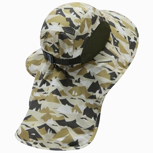 BASSDASH UPF 50+ Unisex Water Resistant Wide Brim Sun Hat with Large Neck Flap Ponytail Fishing Hat for Men Women - color: Mountain Camo/Amy Green