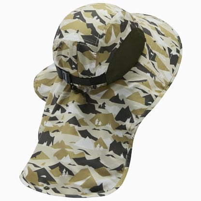 BASSDASH UPF 50+ Unisex Water Resistant Wide Brim Sun Hat with Large Neck Flap Ponytail Fishing Hat for Men Women - color: Mountain Camo/Amy Green