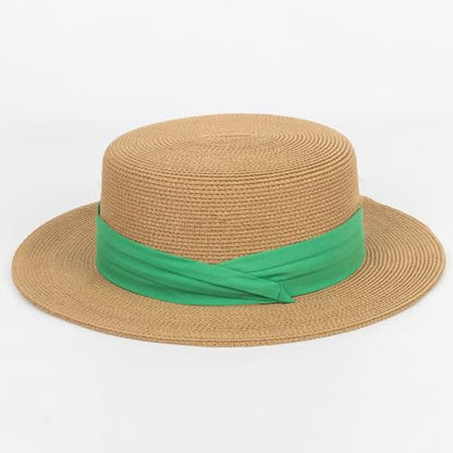 Straw Boater Summer Sun Hat - Wide Brim Fedora Panama Beach Hat for Women - color: Green Band