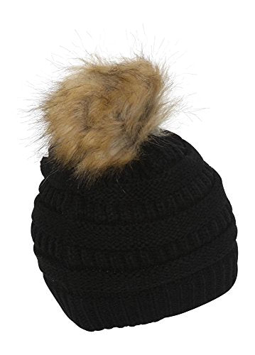 Gravity Threads Cable Knit Faux Fur Pom Pom Beanie Hat - color: Black