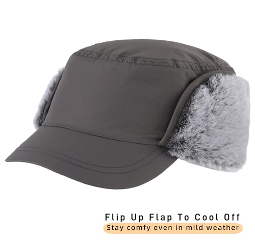 Connectyle Men's Winter Hat with Visor Warm Earflaps Hat Fully Lined Faux Fur Baseball Cap Trapper Hunting Hats - color: Grey