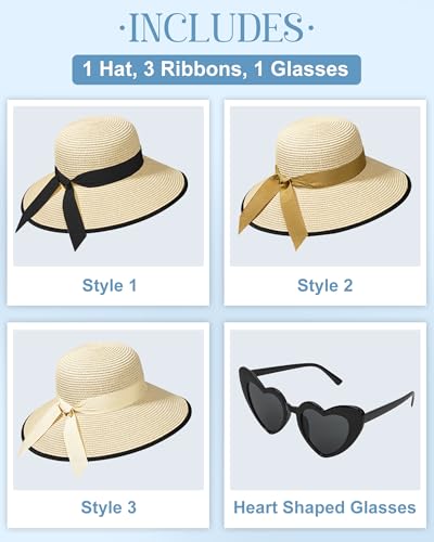Sun Straw Hats for Women, Wide Brim Summer Beach Hat - color: Beige Black, size: Large